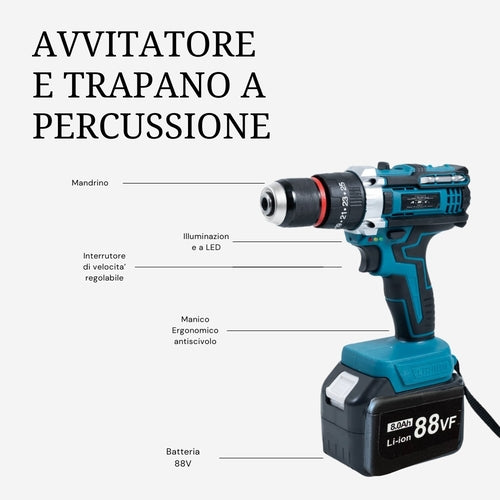Kit Professionale 3 in 1 Avvitatore + Avvitatore a Impulsi + Smerigliatrice 88V