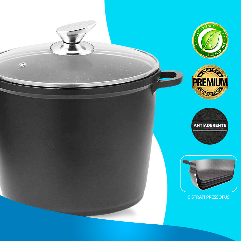 Pentola alta da 28/24 cm in alluminio pressofuso con coperchio in vetro temperato