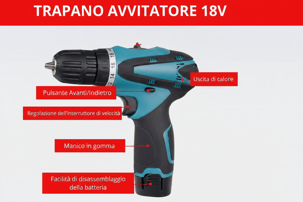 Coppia Trapano Avvitatore a Batteria Professionale 18V, 2 Batterie, 17 Accessori