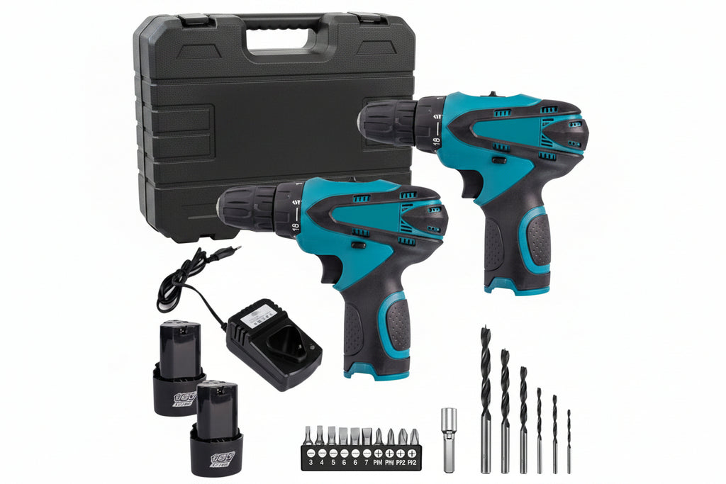 Coppia Trapano Avvitatore a Batteria Professionale 18V, 2 Batterie, 17 Accessori