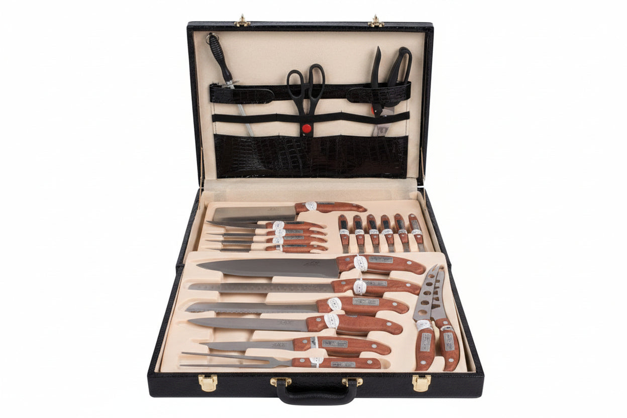 Set di posate ed accessori da 24 pezzi in acciaio inox manici in legno elegante