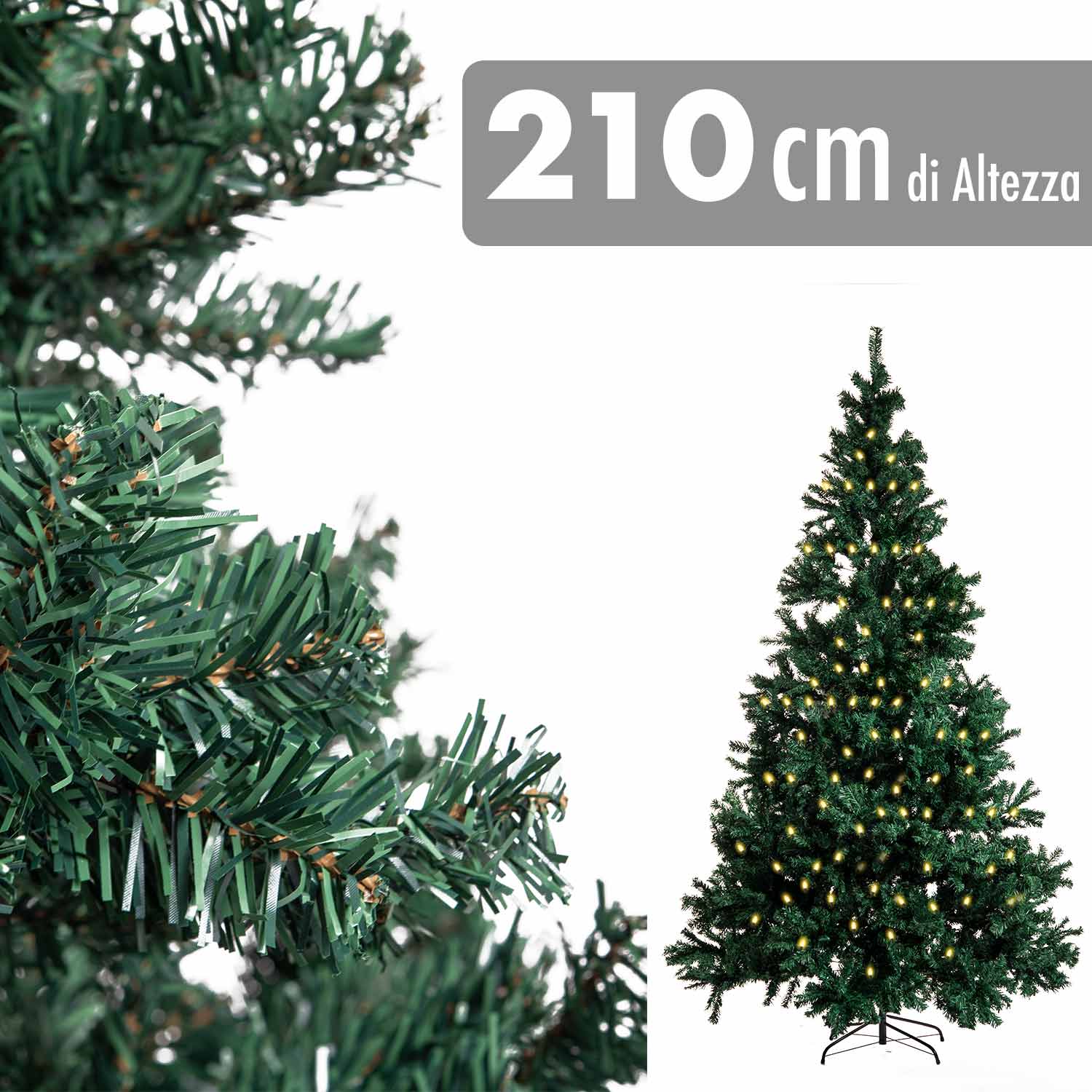 Albero di natale 210 cm in pino artificiale verde 1773 rami annodati rinforzati